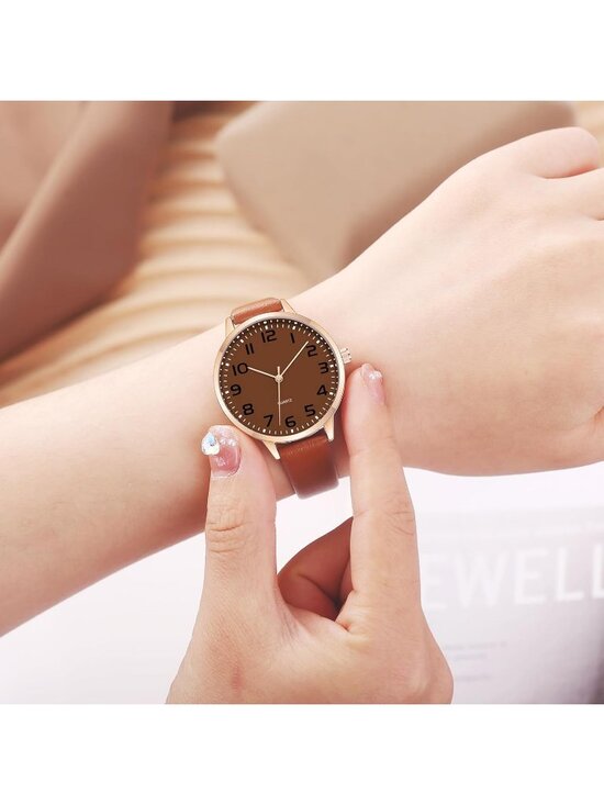 Womens All Brown Analog Case Quartz Fashion Leather Mesh Strap Round Wrist Watch